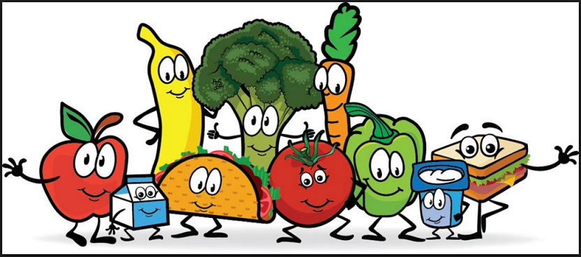 Anthropomorphized fruits and vegetables in a group
